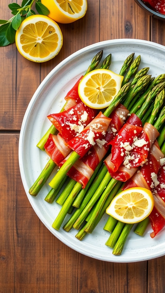 Crispy prosciutto-wrapped asparagus on a plate with lemon wedges.